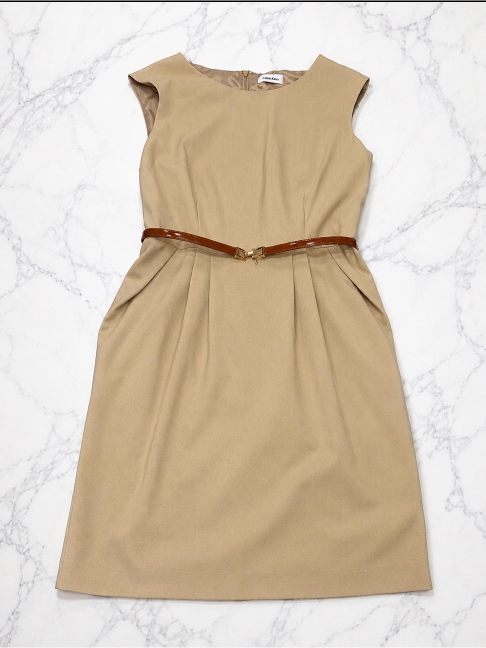 Calvin Klein Camel Sheath Dress with Brown Belt